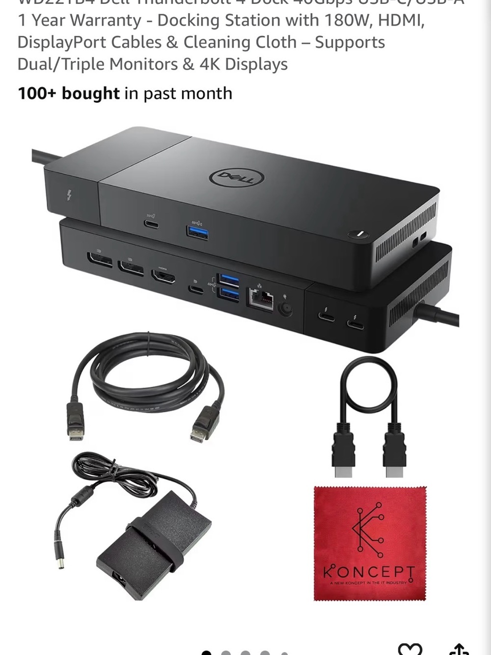 Dell Black Thunderbolt Docking Station with Cables and Cleaning Cloth